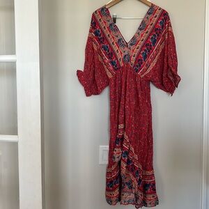 Umgee USA Fancy That red Floral Print Plunging V-Neck V-Back HiLow Hem Dress